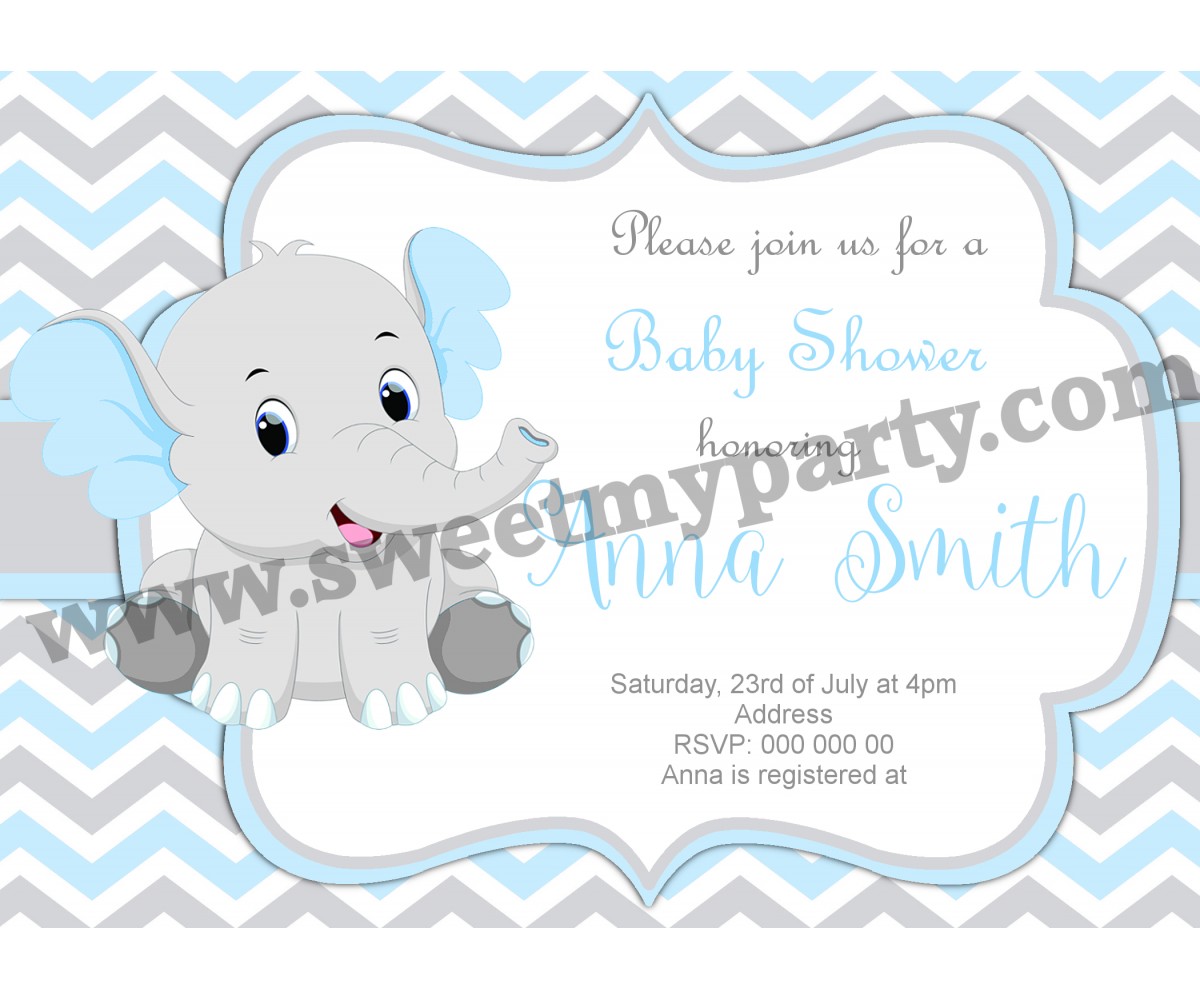 Blue and Grey Elephant Baby Shower Invitation,(8ebb)